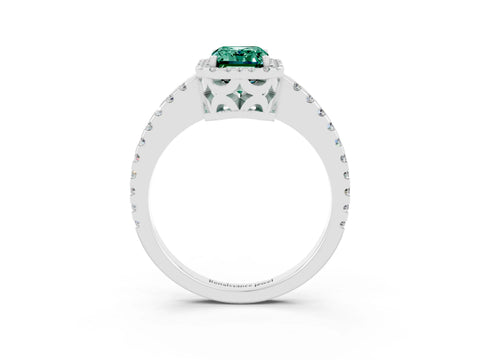 White gold Emerald Cut Green Sapphire Halo Engagement Ring with Pavé Band and Prong Setting_15