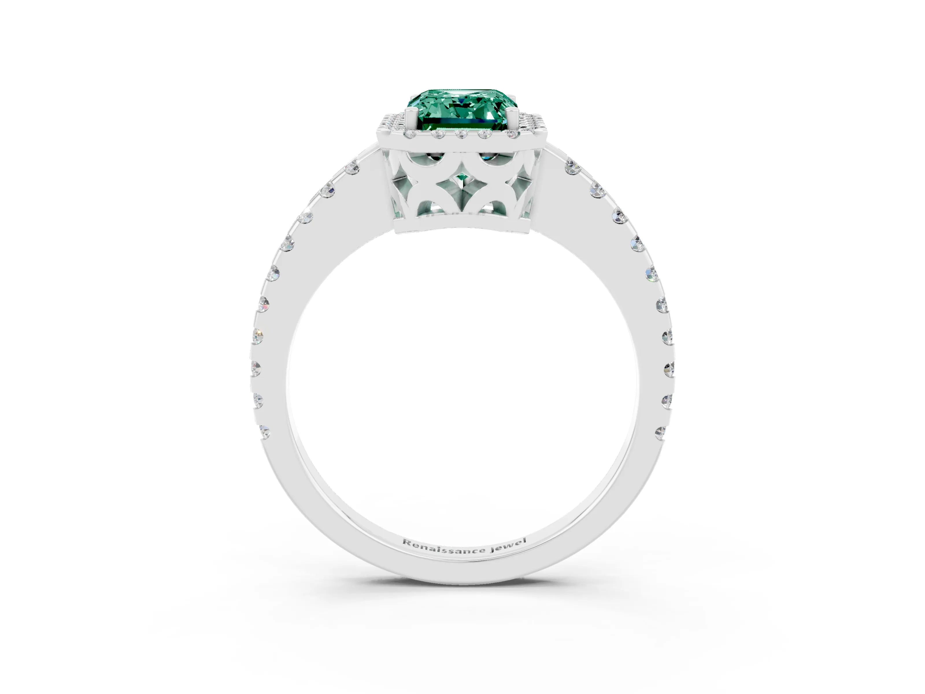 White gold Emerald Cut Green Sapphire Halo Engagement Ring with Pavé Band and Prong Setting_15