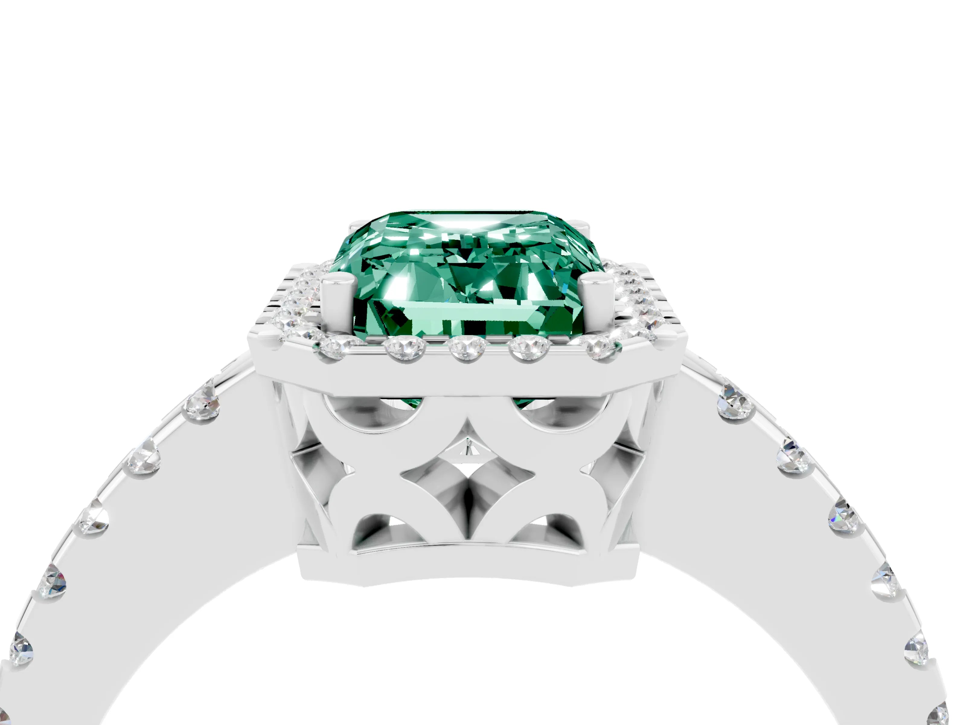 White gold Emerald Cut Green Sapphire Halo Engagement Ring with Pavé Band and Prong Setting_16