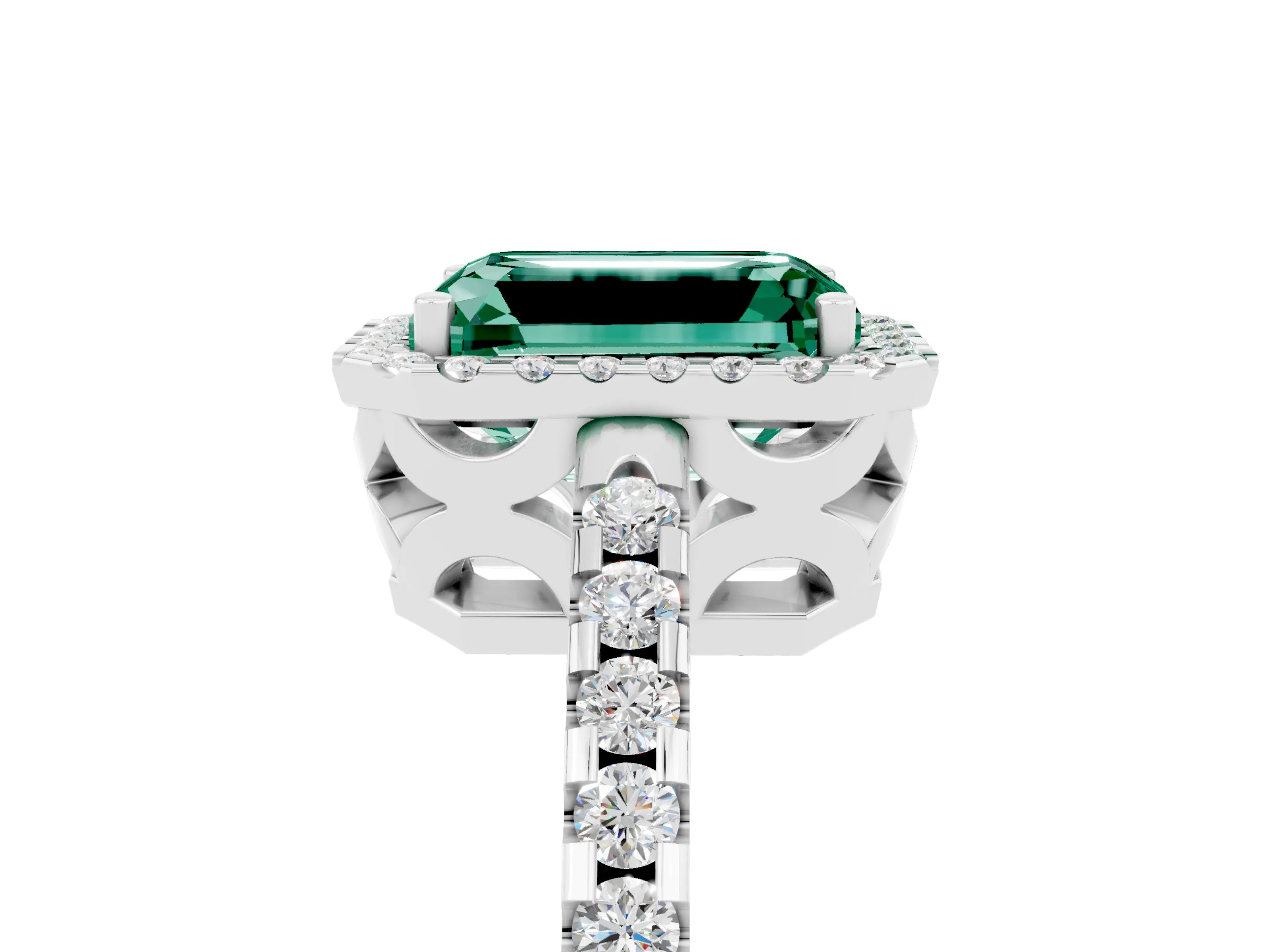 White gold Emerald Cut Green Sapphire Halo Engagement Ring with Pavé Band and Prong Setting_17