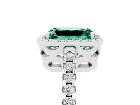 White gold Emerald Cut Green Sapphire Halo Engagement Ring with Pavé Band and Prong Setting_17
