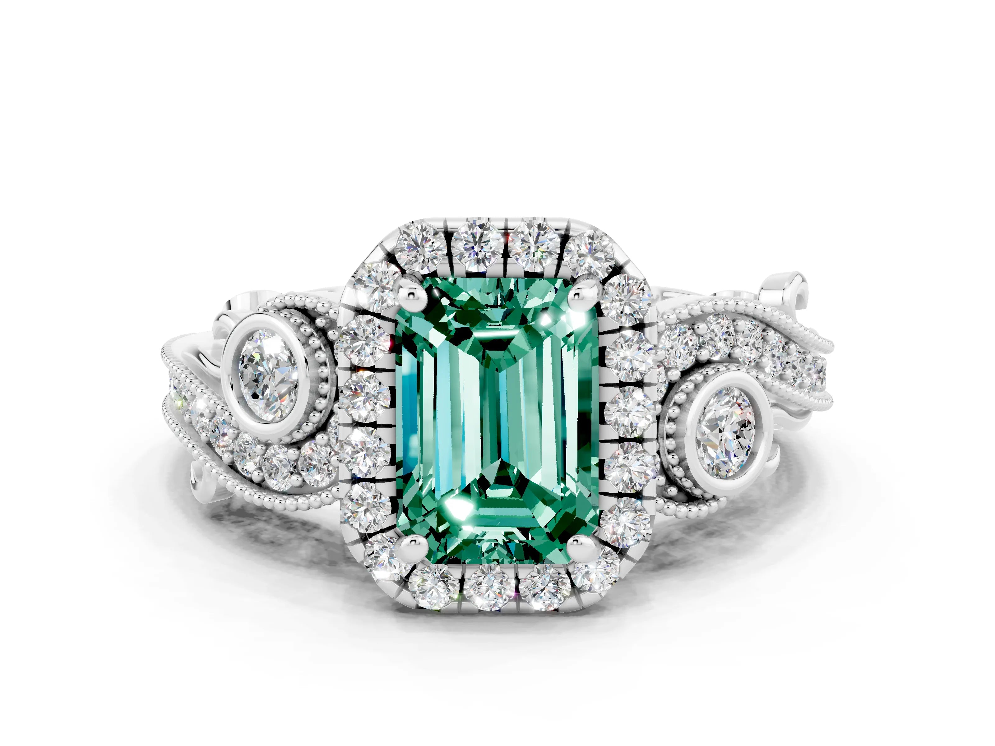 White gold Emerald Cut Green Sapphire Halo Ring with Milgrain Pavé Band and Four-Prong Setting_12