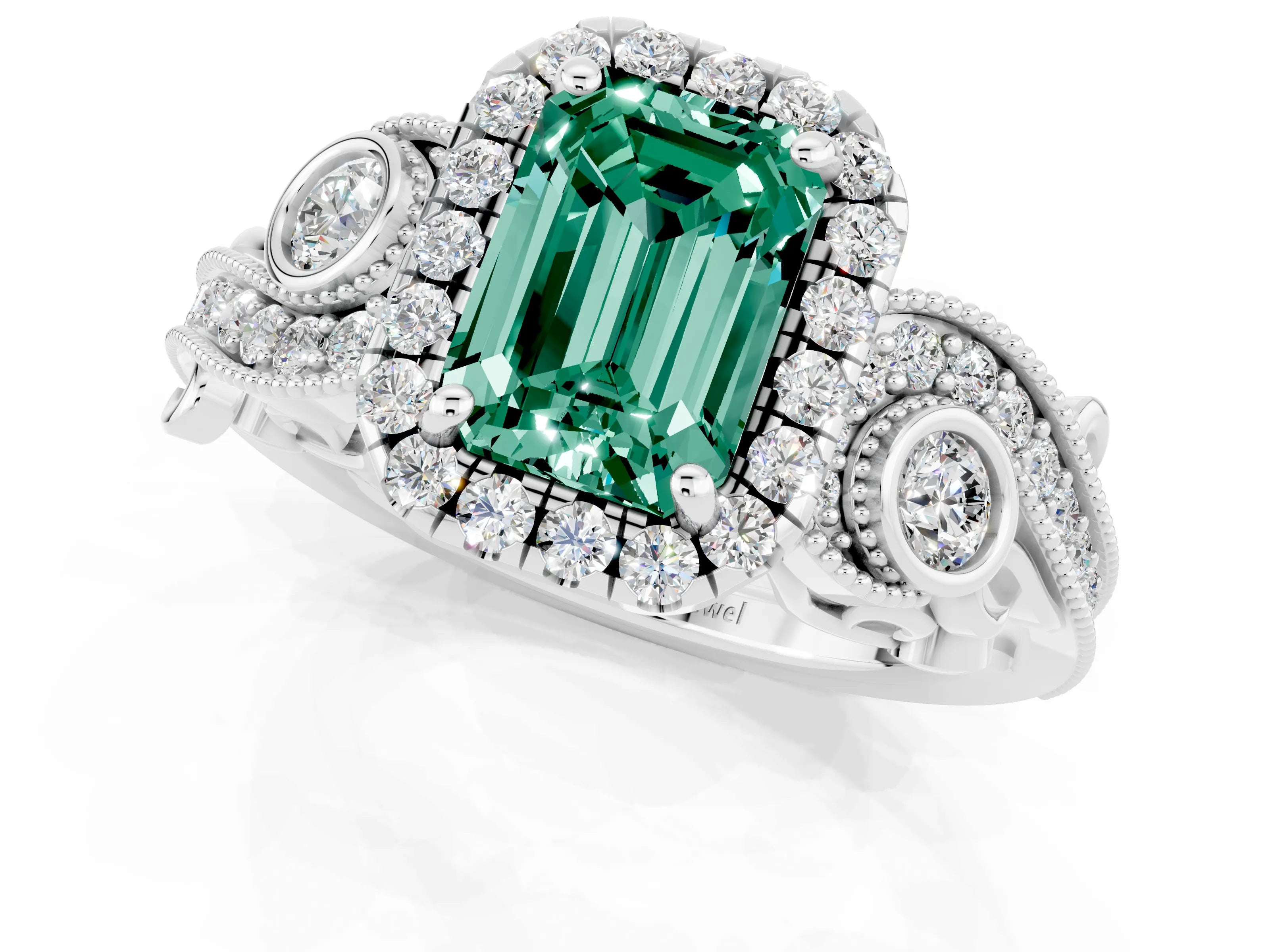 White gold Emerald Cut Green Sapphire Halo Ring with Milgrain Pavé Band and Four-Prong Setting_13