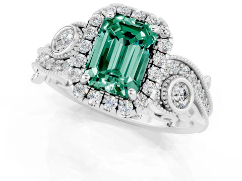 White gold Emerald Cut Green Sapphire Halo Ring with Milgrain Pavé Band and Four-Prong Setting_13