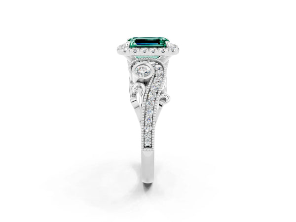 White gold Emerald Cut Green Sapphire Halo Ring with Milgrain Pavé Band and Four-Prong Setting