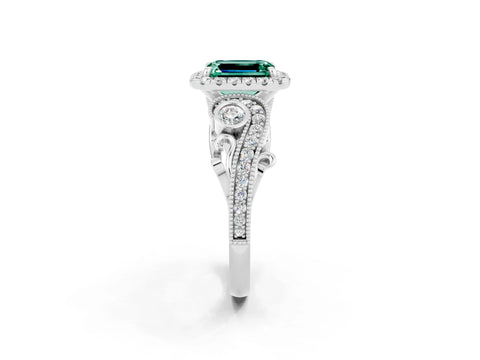 White gold Emerald Cut Green Sapphire Halo Ring with Milgrain Pavé Band and Four-Prong Setting_14