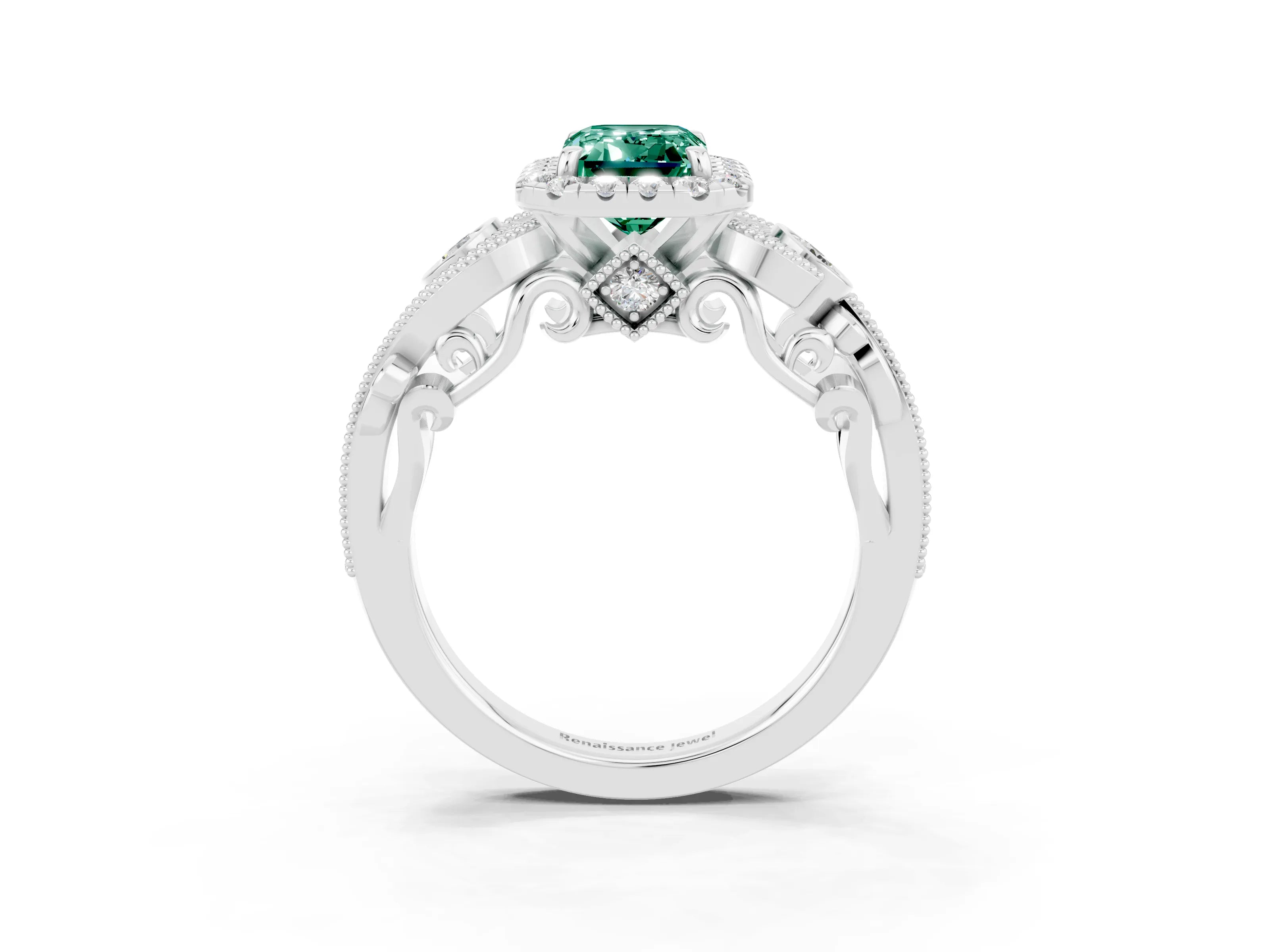 White gold Emerald Cut Green Sapphire Halo Ring with Milgrain Pavé Band and Four-Prong Setting_15