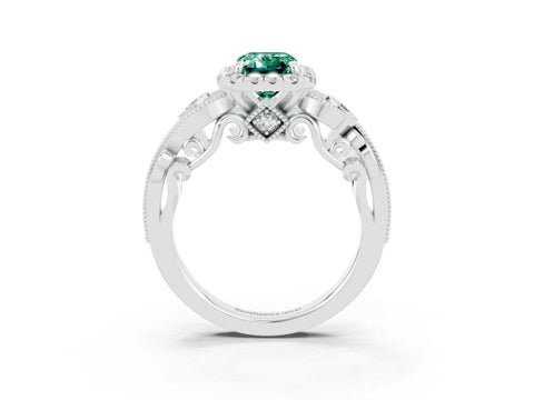 White gold Emerald Cut Green Sapphire Halo Ring with Milgrain Pavé Band and Four-Prong Setting_15