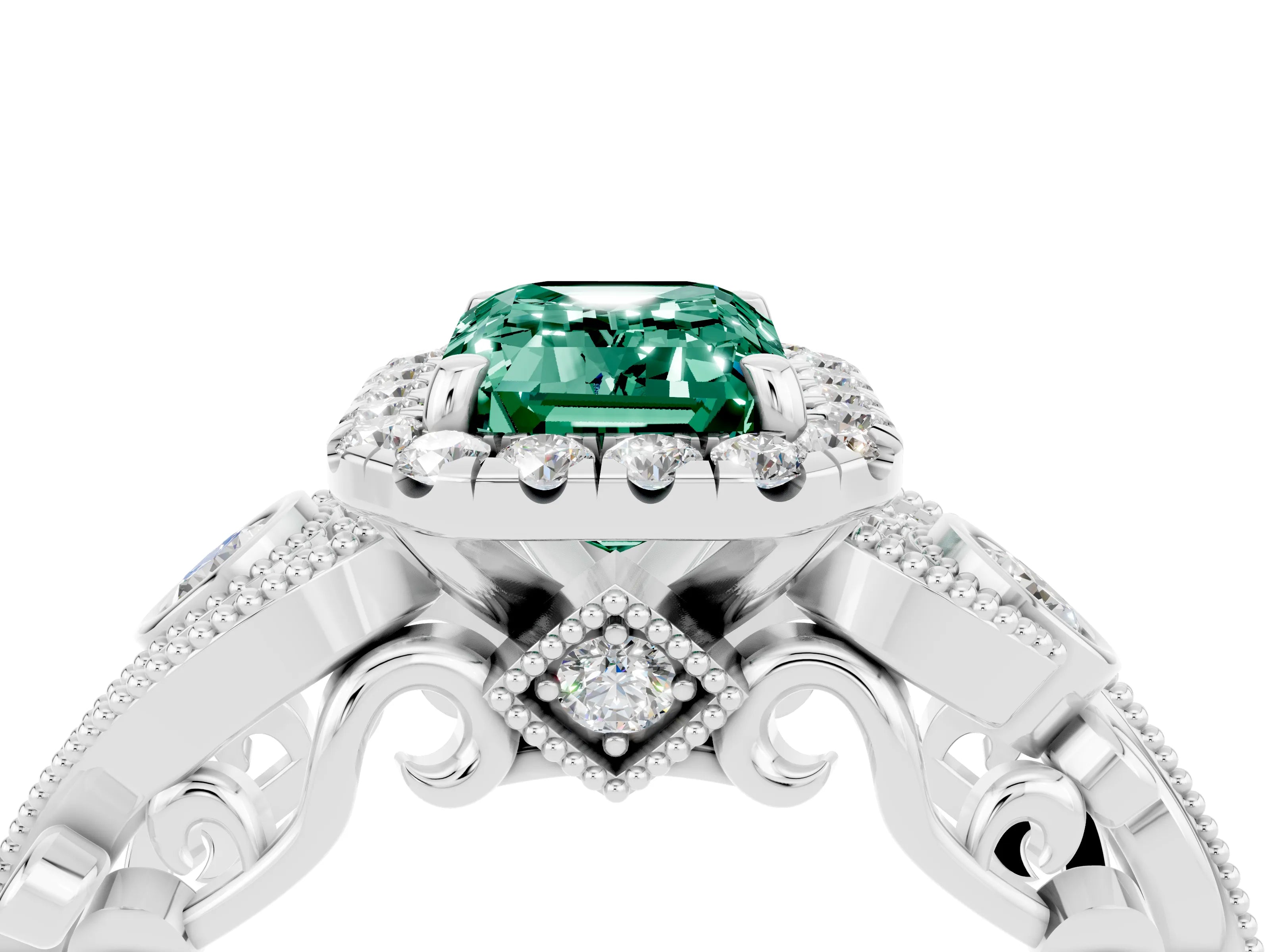 White gold Emerald Cut Green Sapphire Halo Ring with Milgrain Pavé Band and Four-Prong Setting_16