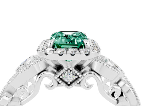 White gold Emerald Cut Green Sapphire Halo Ring with Milgrain Pavé Band and Four-Prong Setting_16