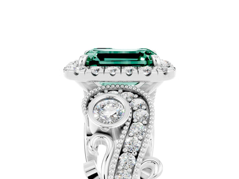 White gold Emerald Cut Green Sapphire Halo Ring with Milgrain Pavé Band and Four-Prong Setting_17