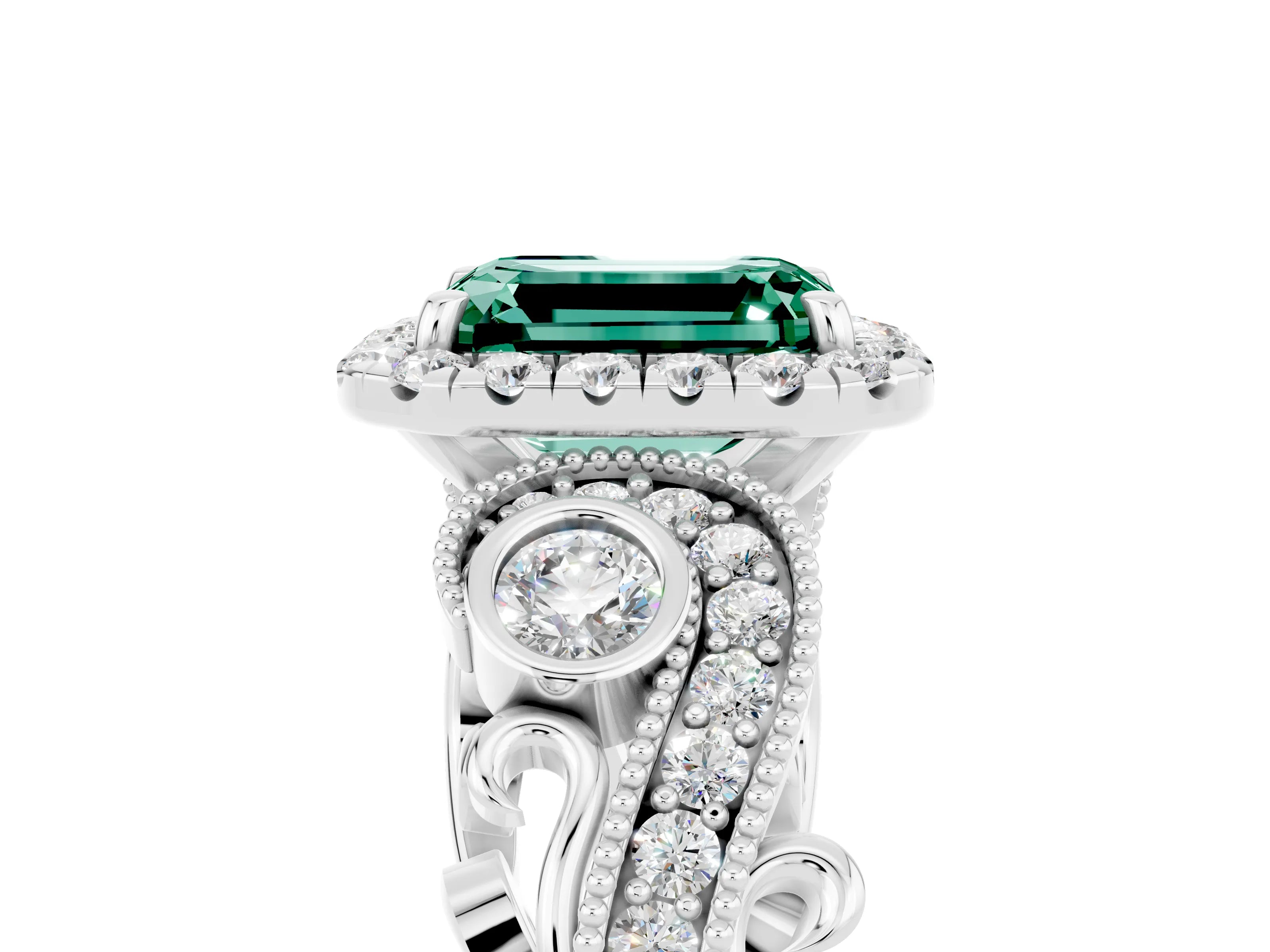 White gold Emerald Cut Green Sapphire Halo Ring with Milgrain Pavé Band and Four-Prong Setting_17