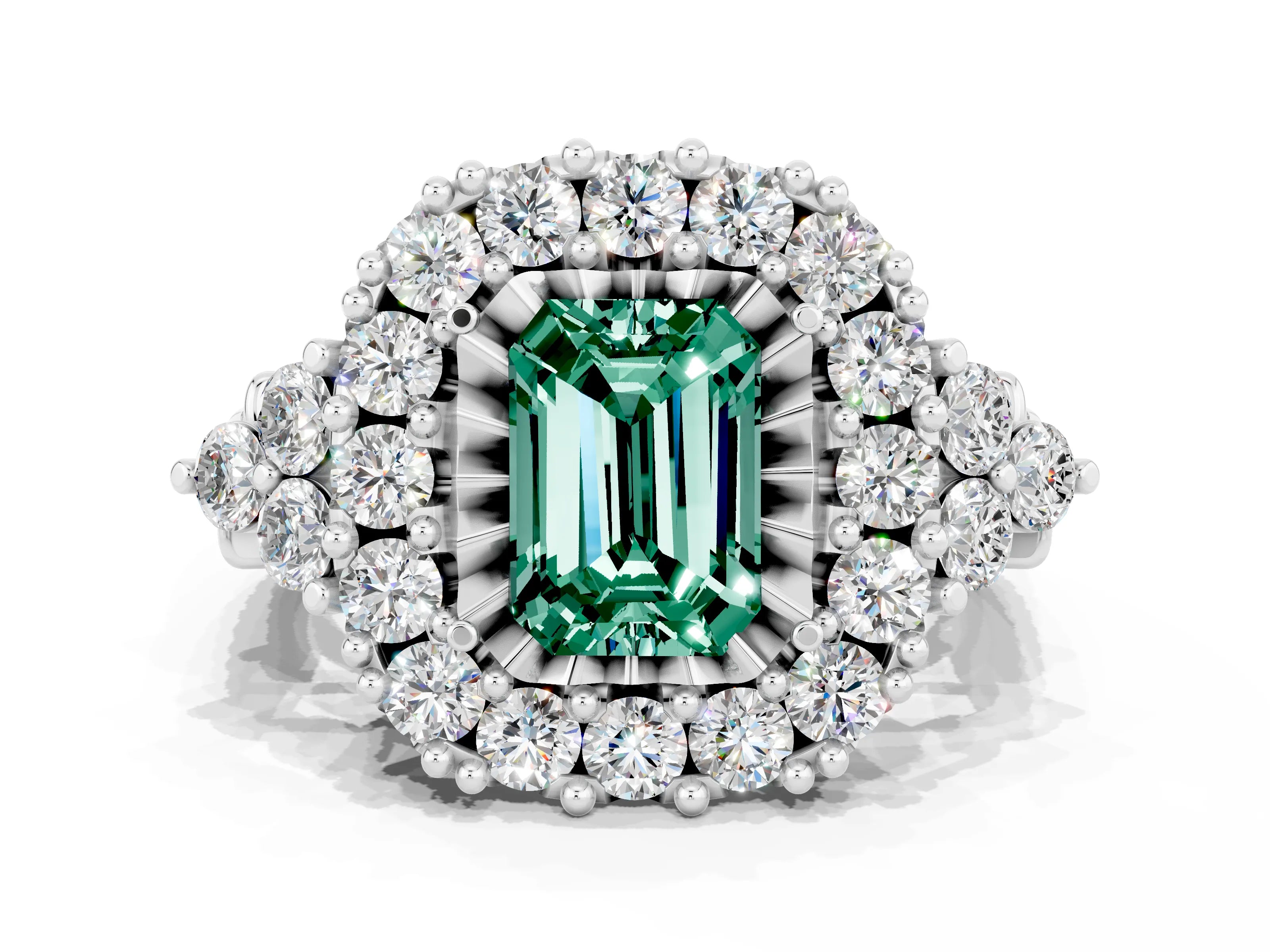 White gold Emerald Cut Green Sapphire Halo Ring with Pavé Band and Four-Prong Setting_12