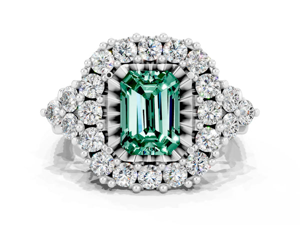 Platinum Emerald Cut Green Sapphire Halo Ring with Pavé Band and Four-Prong Setting