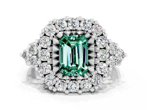 White gold Emerald Cut Green Sapphire Halo Ring with Pavé Band and Four-Prong Setting_12