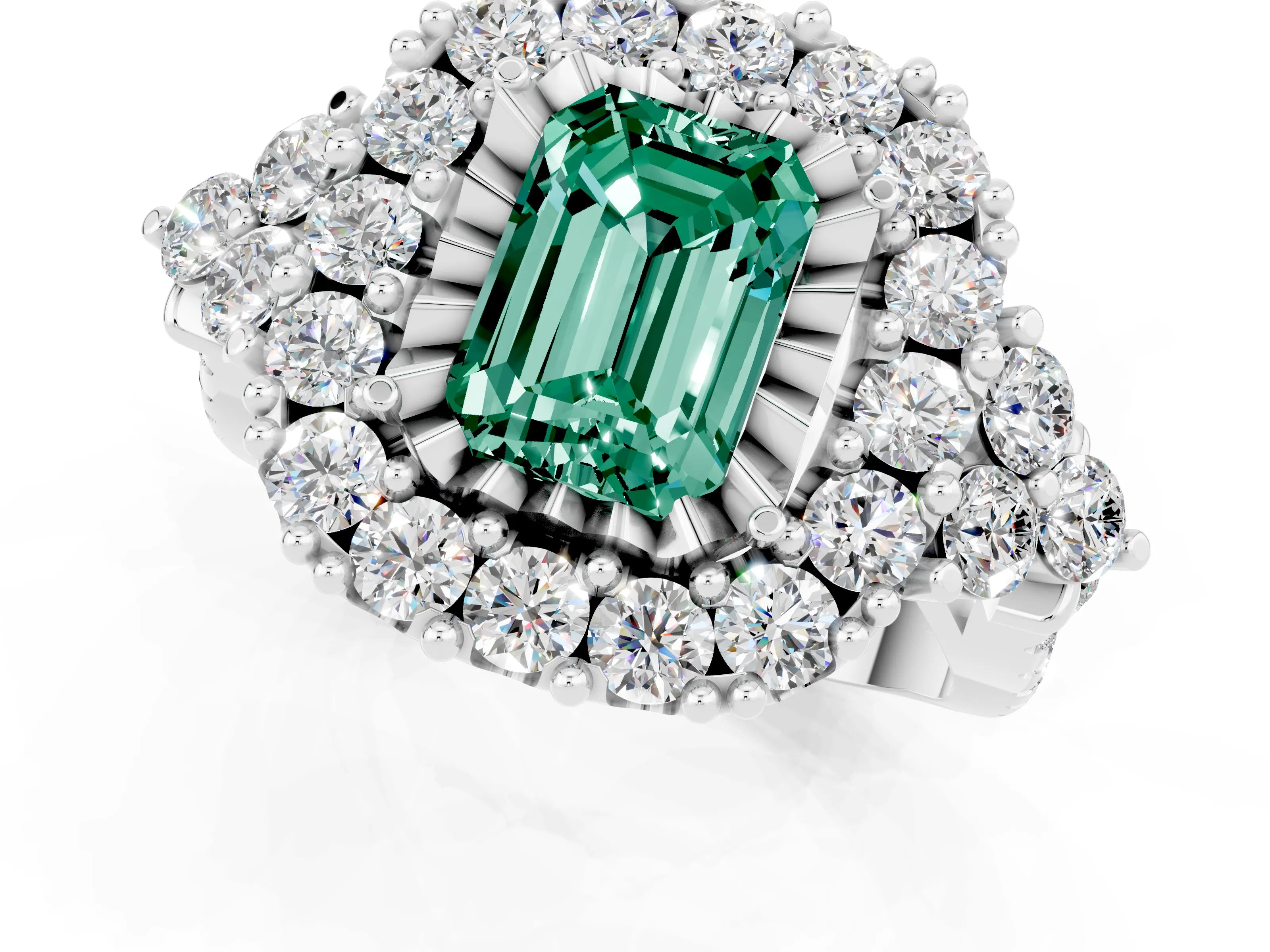White gold Emerald Cut Green Sapphire Halo Ring with Pavé Band and Four-Prong Setting_13