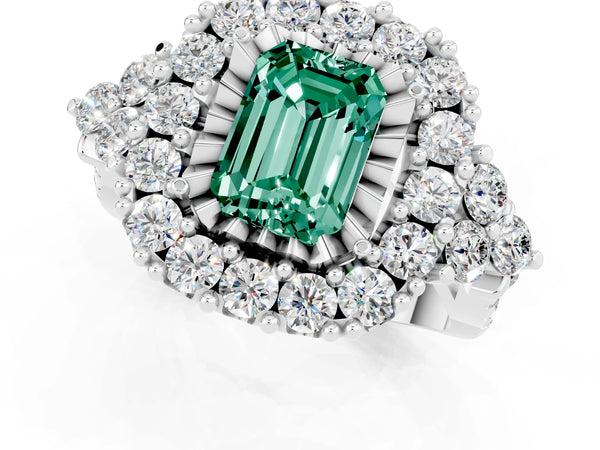 Silver Emerald Cut Green Sapphire Halo Ring with Pavé Band and Four-Prong Setting