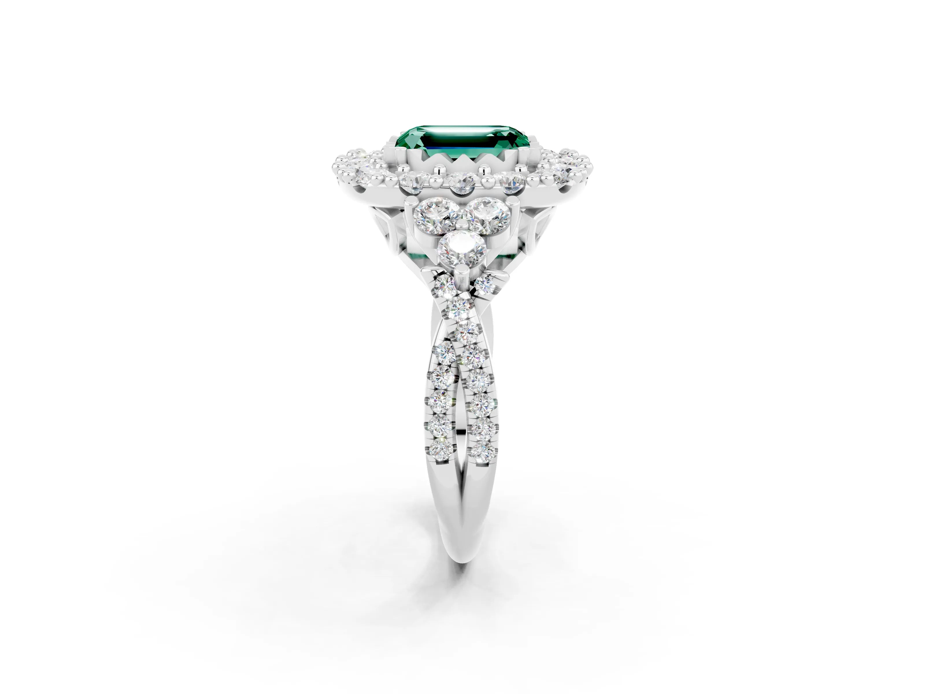 White gold Emerald Cut Green Sapphire Halo Ring with Pavé Band and Four-Prong Setting_14