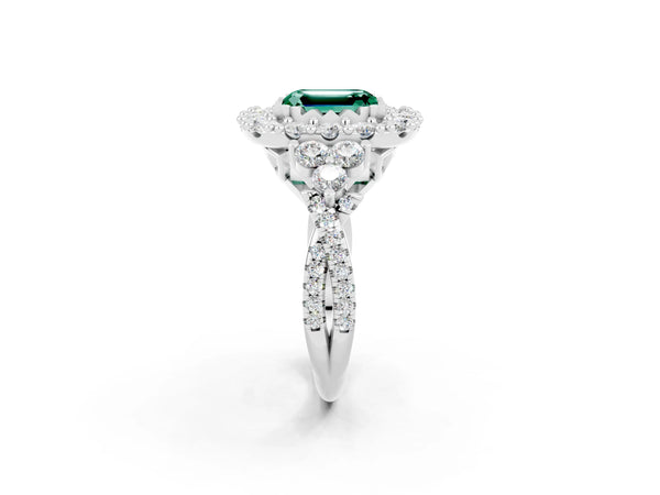 Silver Emerald Cut Green Sapphire Halo Ring with Pavé Band and Four-Prong Setting