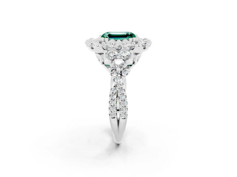 White gold Emerald Cut Green Sapphire Halo Ring with Pavé Band and Four-Prong Setting_14