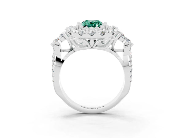 Platinum Emerald Cut Green Sapphire Halo Ring with Pavé Band and Four-Prong Setting