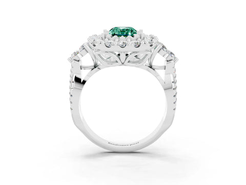 White gold Emerald Cut Green Sapphire Halo Ring with Pavé Band and Four-Prong Setting_15