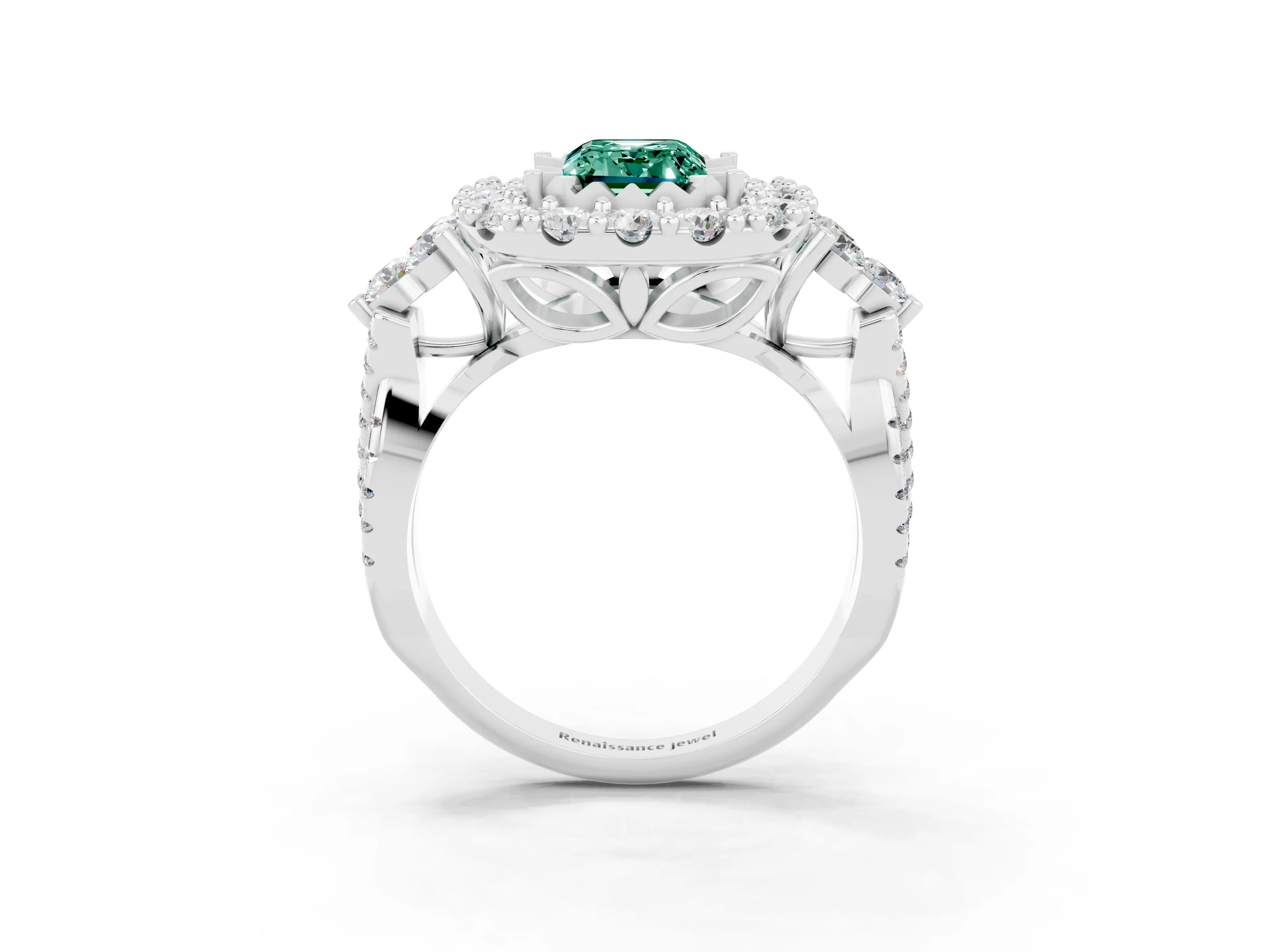 White gold Emerald Cut Green Sapphire Halo Ring with Pavé Band and Four-Prong Setting_15