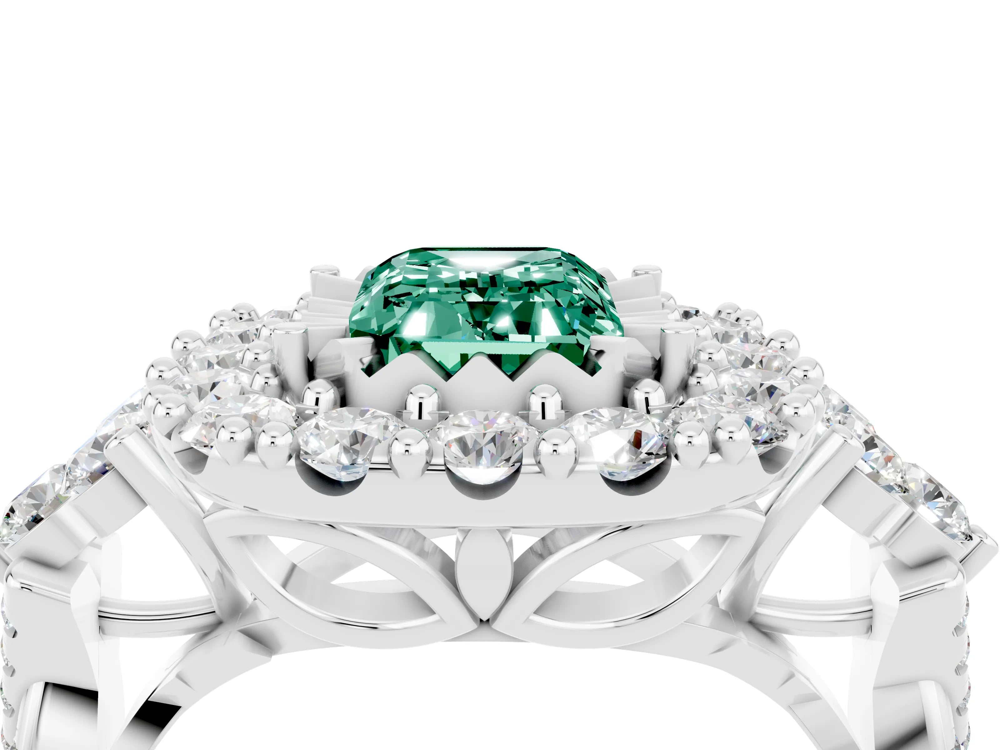 White gold Emerald Cut Green Sapphire Halo Ring with Pavé Band and Four-Prong Setting_16