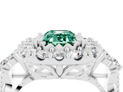 White gold Emerald Cut Green Sapphire Halo Ring with Pavé Band and Four-Prong Setting_16