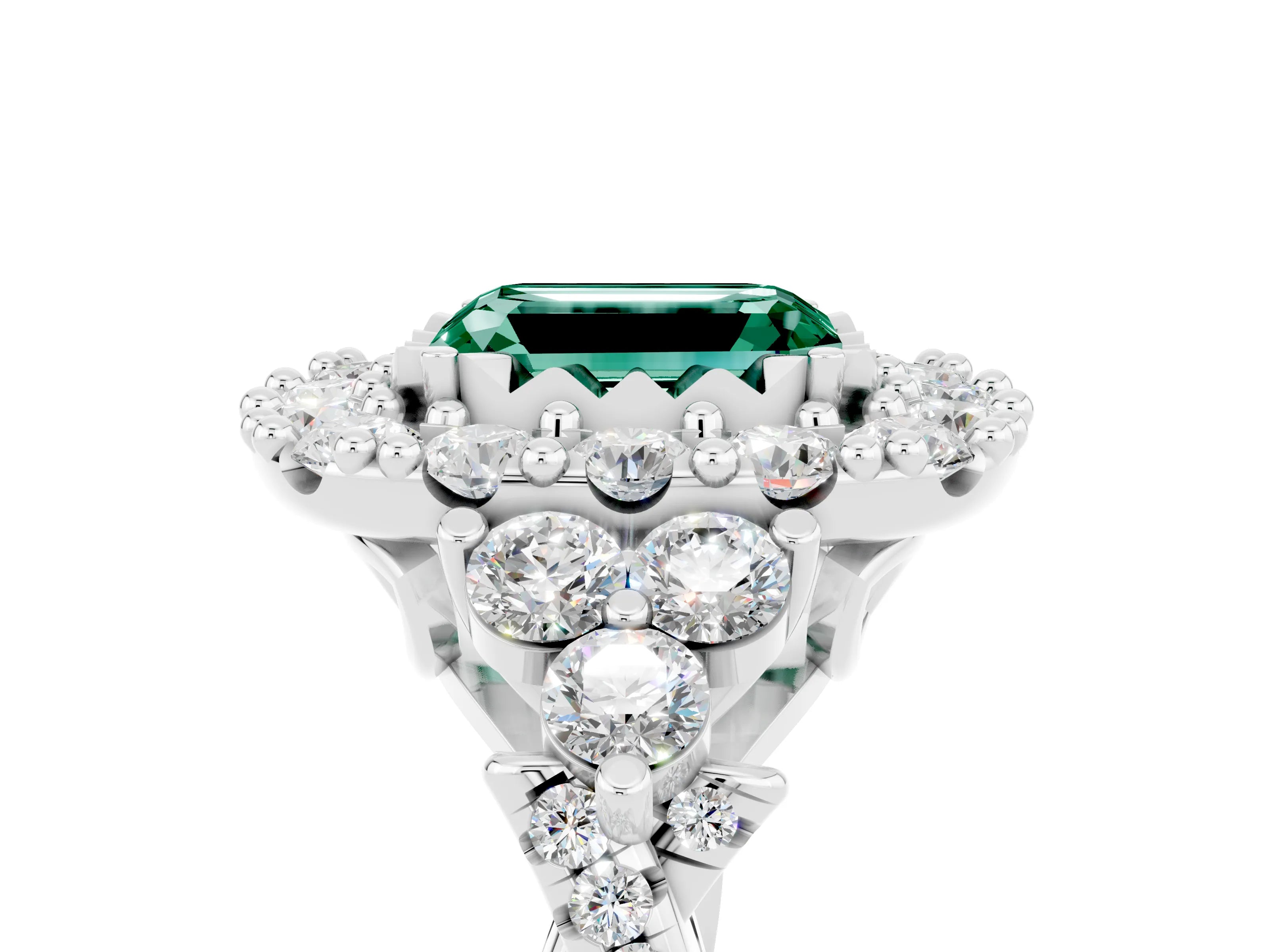 White gold Emerald Cut Green Sapphire Halo Ring with Pavé Band and Four-Prong Setting_17