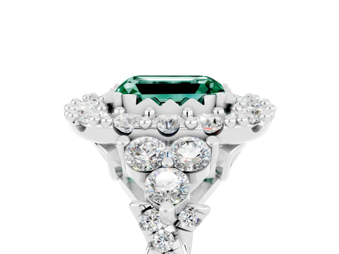 White gold Emerald Cut Green Sapphire Halo Ring with Pavé Band and Four-Prong Setting_17