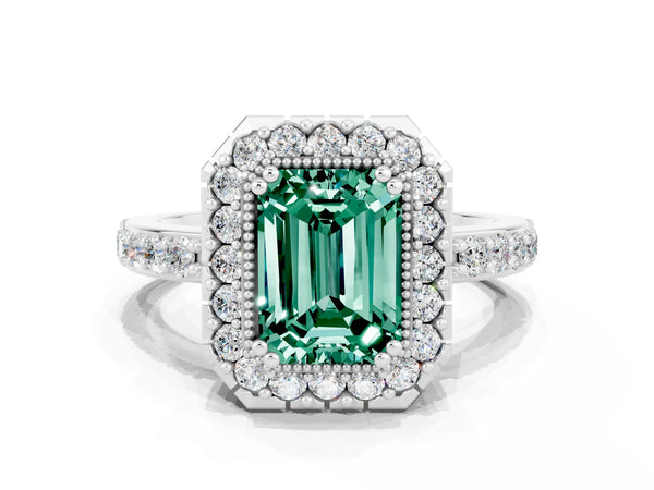 Platinum Emerald Cut Green Sapphire Halo Ring with Pavé Band and Prong Setting