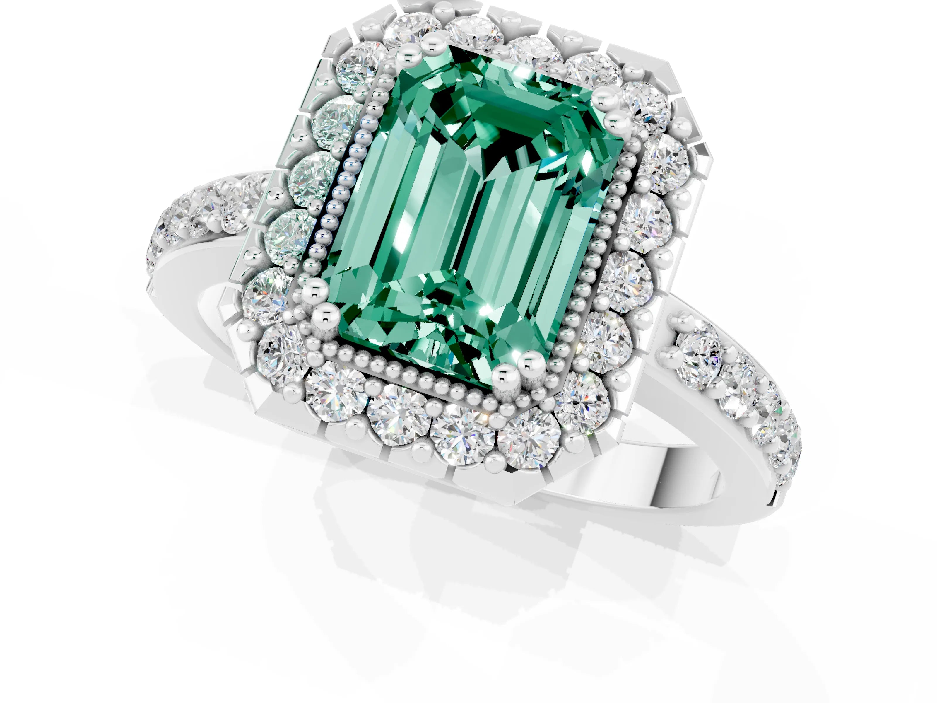 White gold Emerald Cut Green Sapphire Halo Ring with Pavé Band and Prong Setting_1