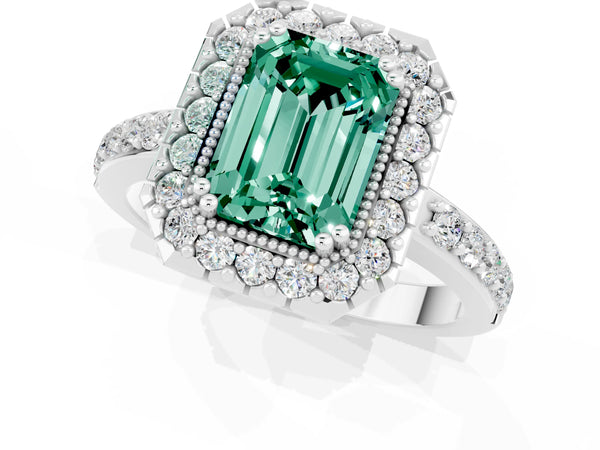 Platinum Emerald Cut Green Sapphire Halo Ring with Pavé Band and Prong Setting