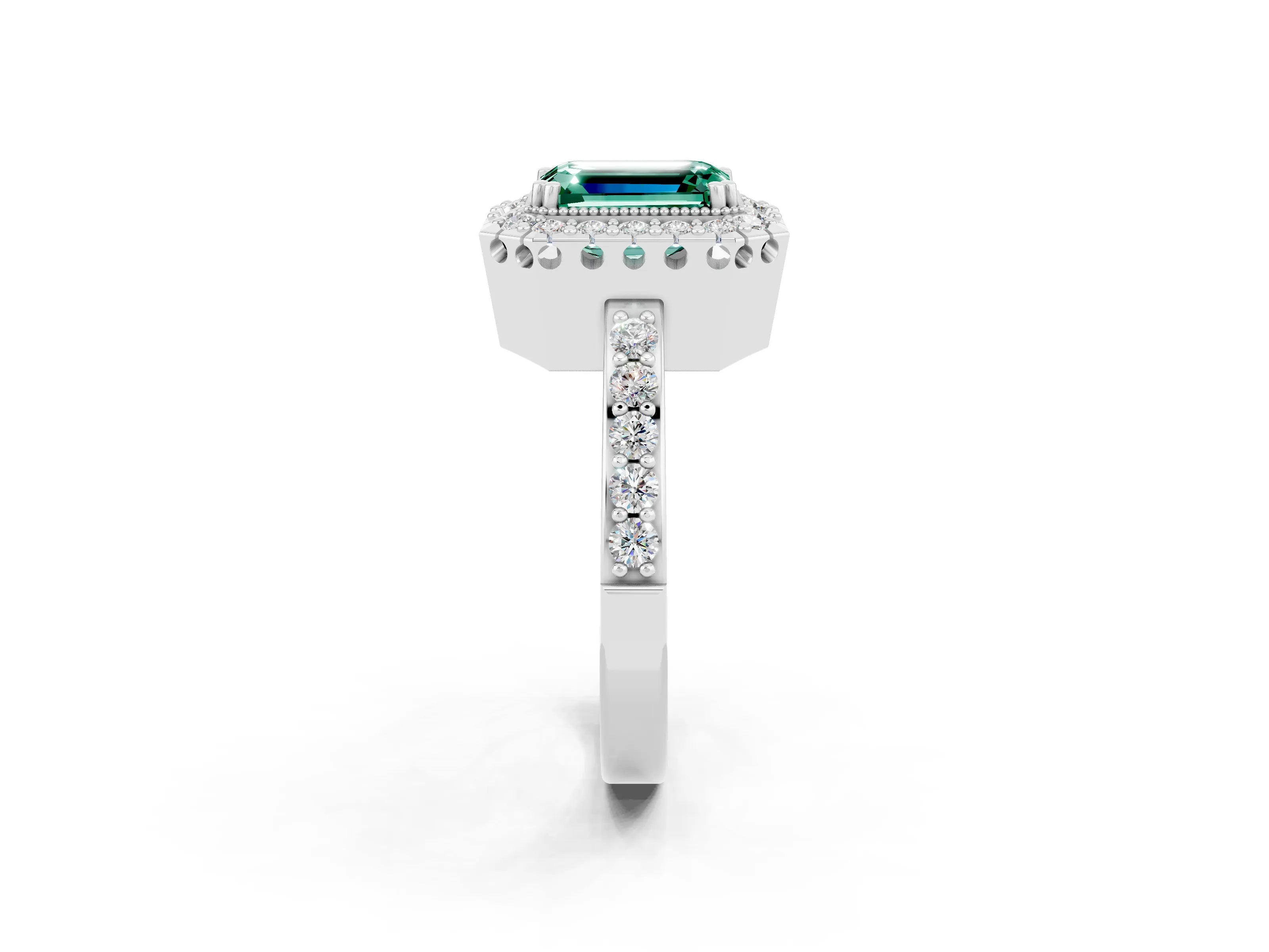 White gold Emerald Cut Green Sapphire Halo Ring with Pavé Band and Prong Setting_2