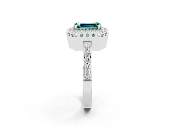 Silver Emerald Cut Green Sapphire Halo Ring with Pavé Band and Prong Setting