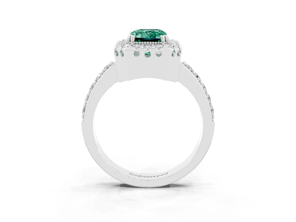 Platinum Emerald Cut Green Sapphire Halo Ring with Pavé Band and Prong Setting