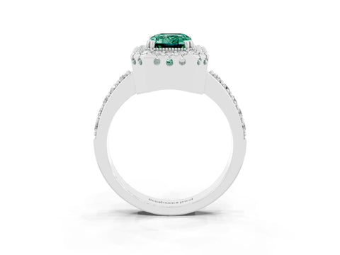 White gold Emerald Cut Green Sapphire Halo Ring with Pavé Band and Prong Setting_3
