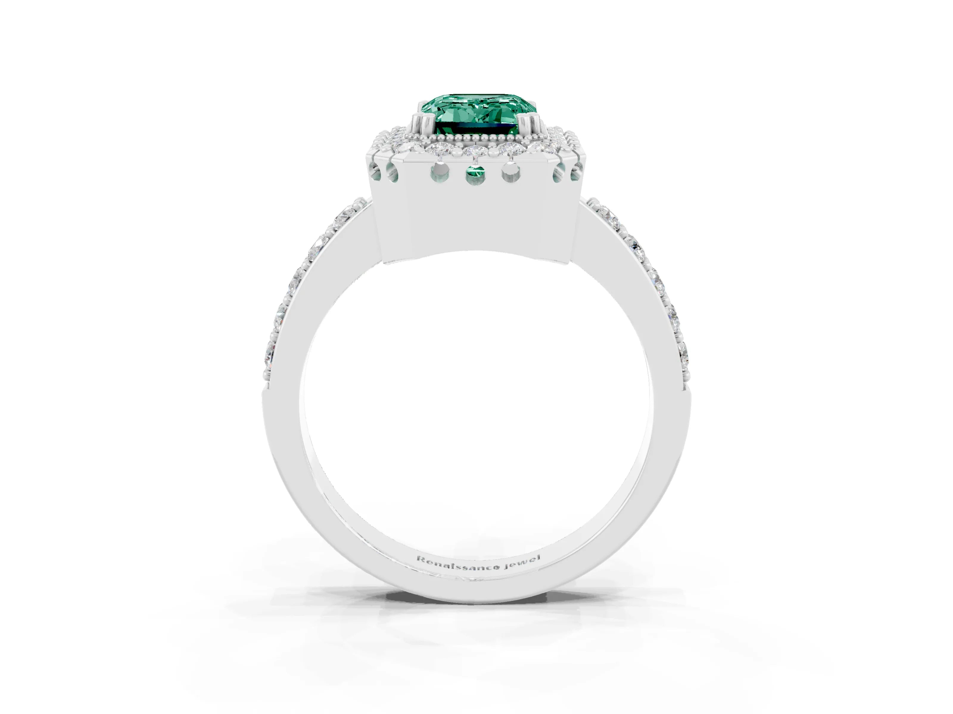 White gold Emerald Cut Green Sapphire Halo Ring with Pavé Band and Prong Setting_3