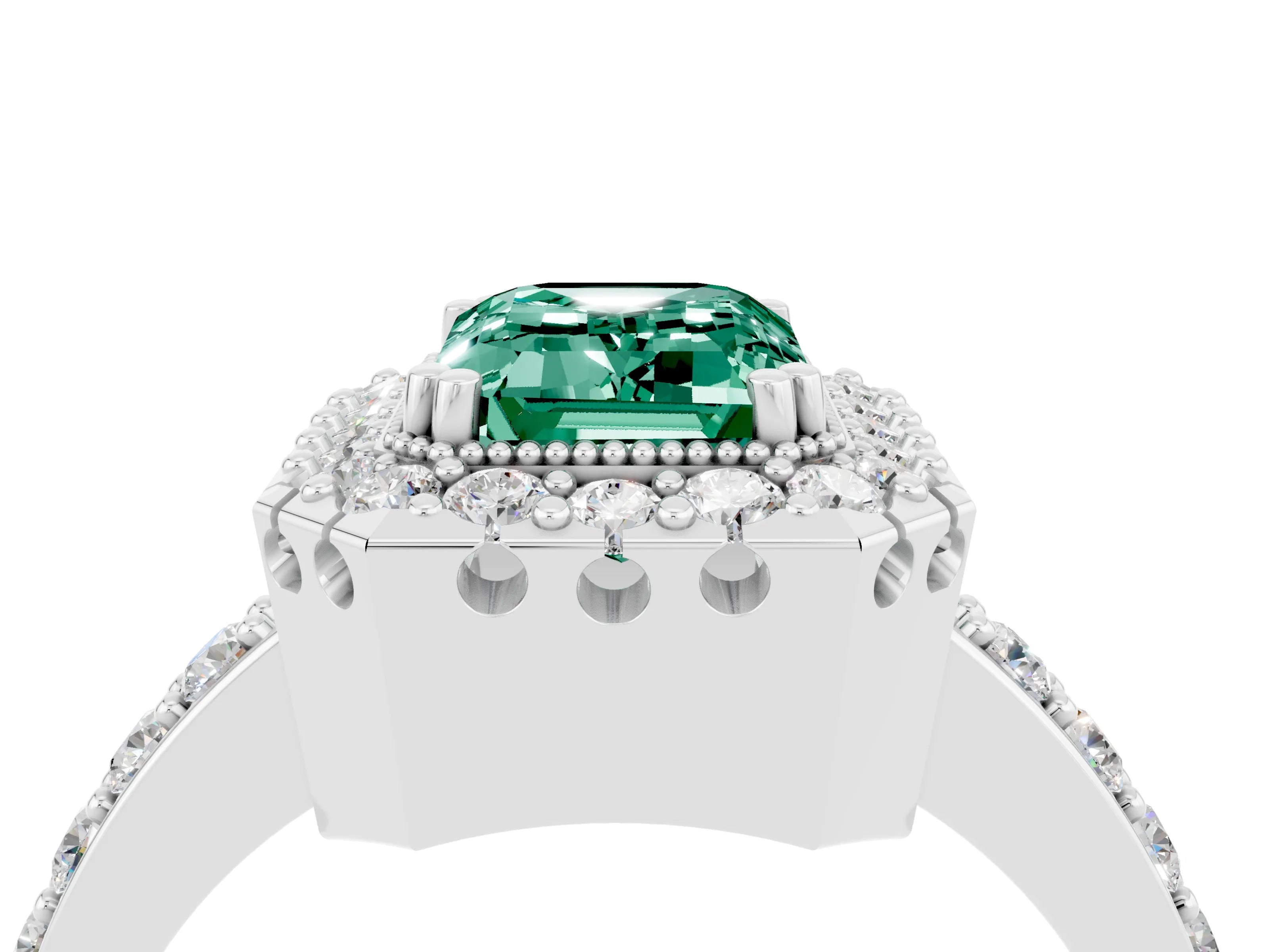 White gold Emerald Cut Green Sapphire Halo Ring with Pavé Band and Prong Setting_4