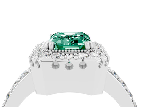 White gold Emerald Cut Green Sapphire Halo Ring with Pavé Band and Prong Setting_4