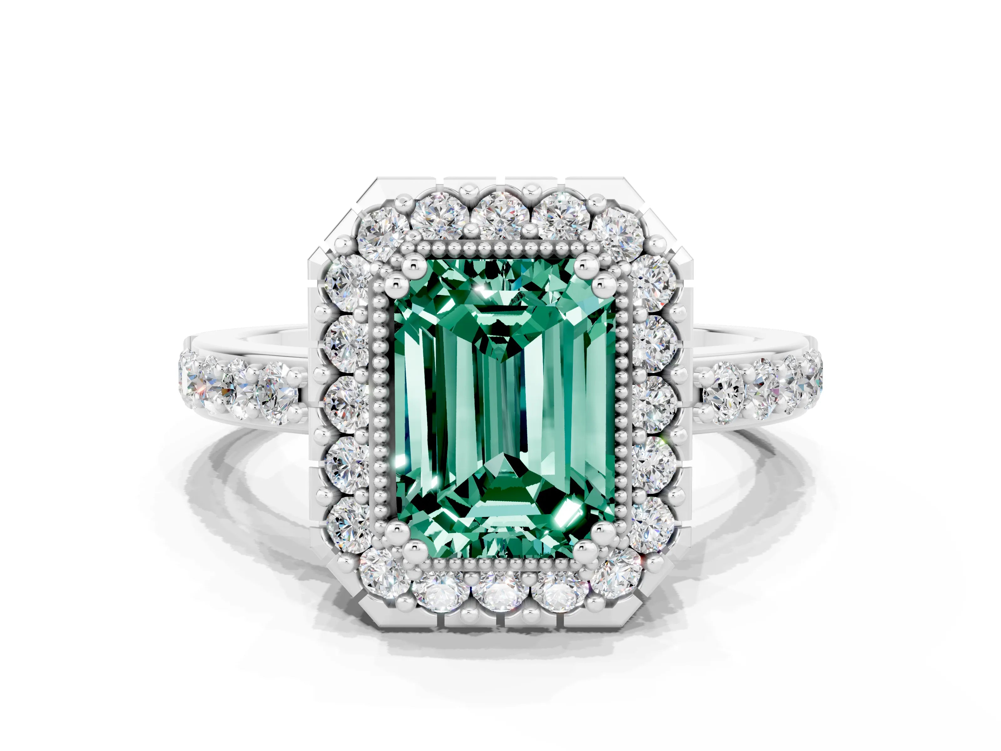 White gold Emerald Cut Green Sapphire Halo Ring with Pavé Band and Prong Setting