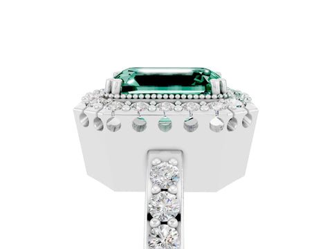 White gold Emerald Cut Green Sapphire Halo Ring with Pavé Band and Prong Setting_5