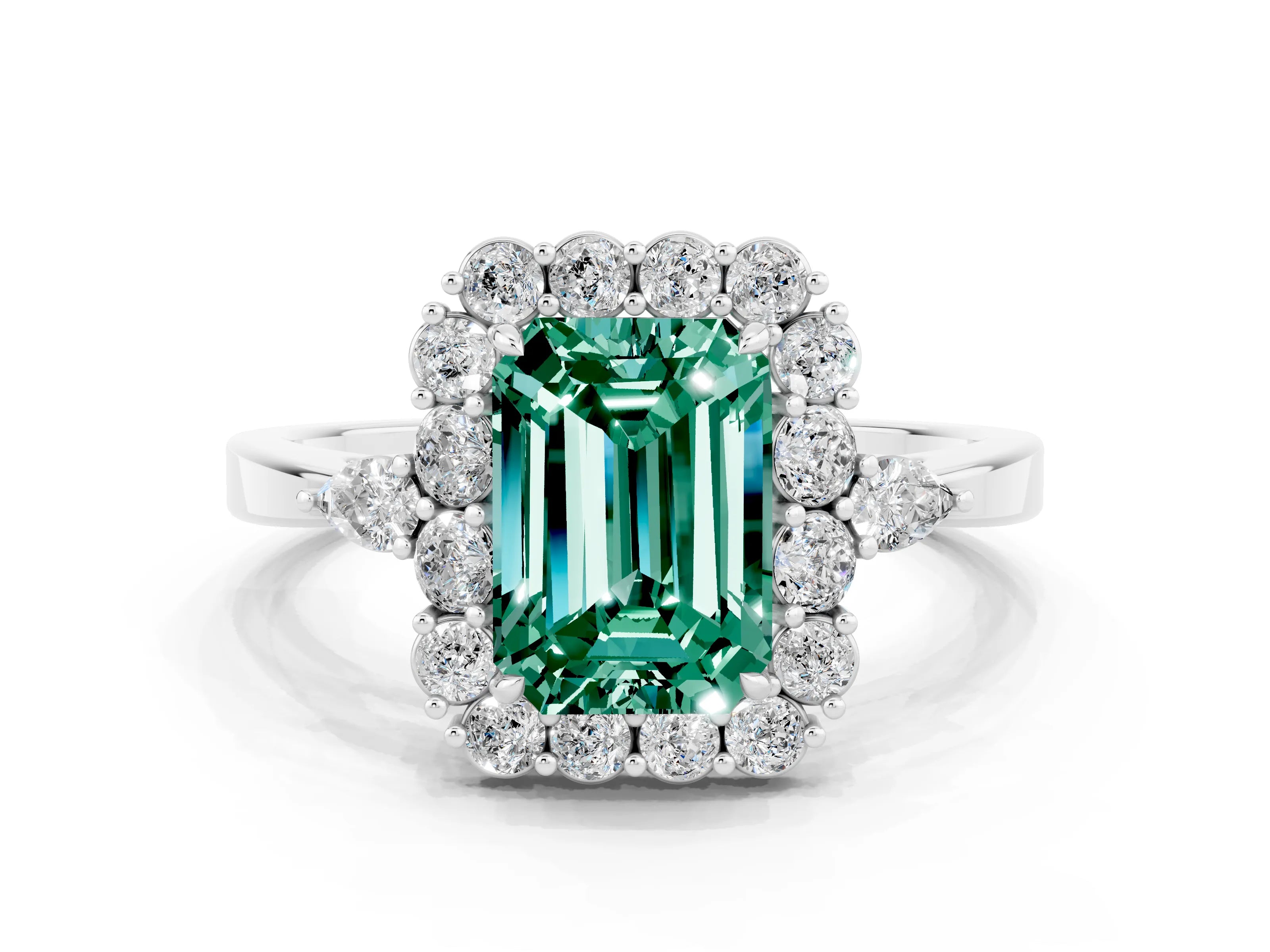 White gold Emerald Cut Green Sapphire Halo Ring with Pear Side Stones and Prong Setting_24
