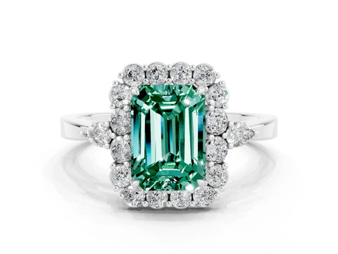 White gold Emerald Cut Green Sapphire Halo Ring with Pear Side Stones and Prong Setting_24