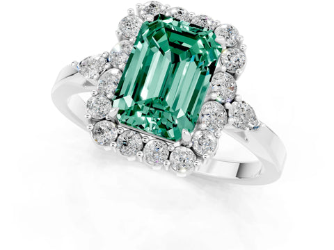 White gold Emerald Cut Green Sapphire Halo Ring with Pear Side Stones and Prong Setting_25