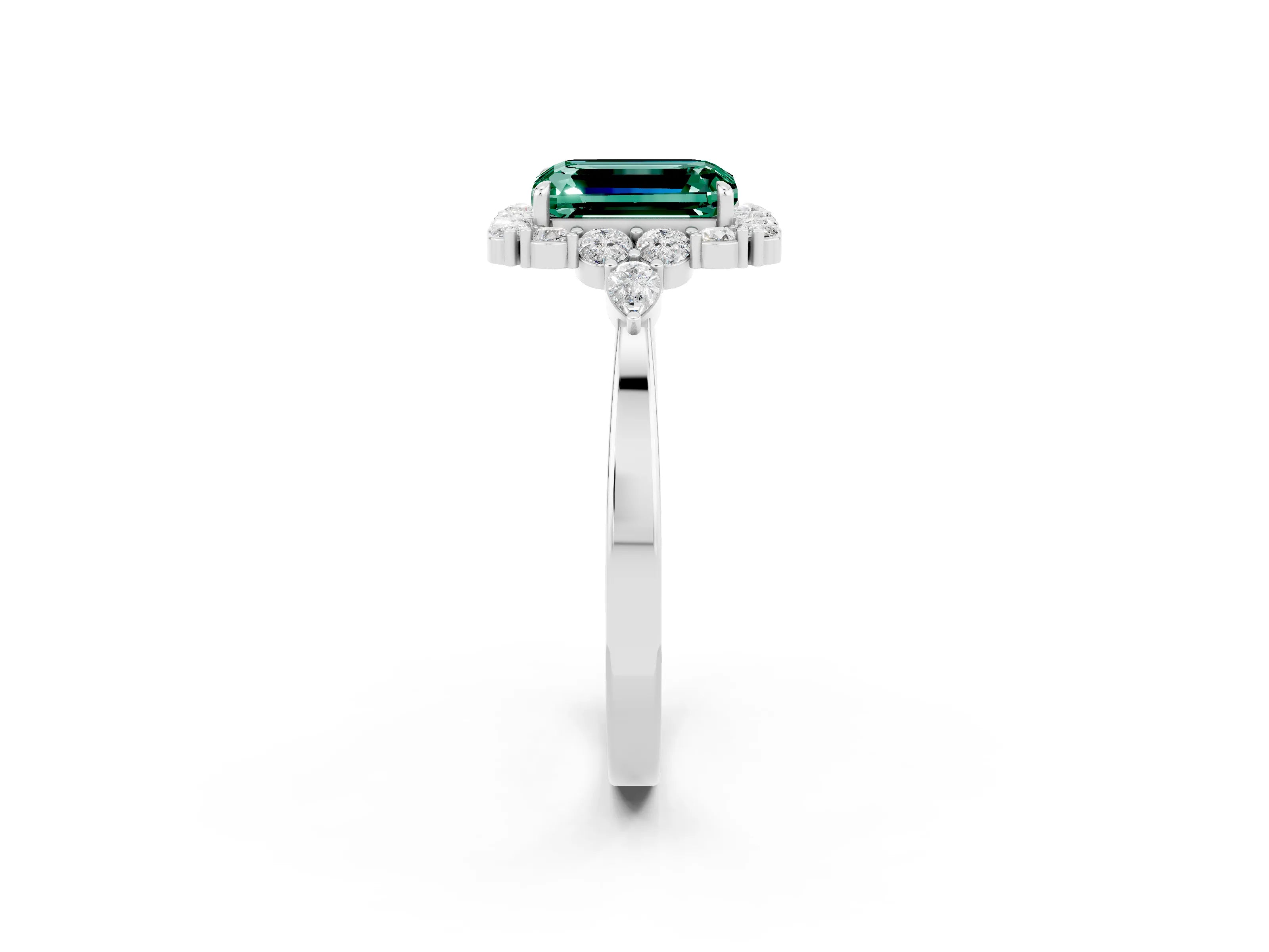 White gold Emerald Cut Green Sapphire Halo Ring with Pear Side Stones and Prong Setting_26