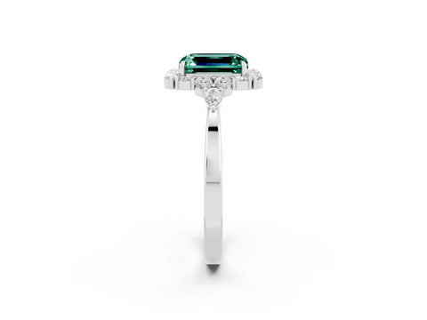 White gold Emerald Cut Green Sapphire Halo Ring with Pear Side Stones and Prong Setting_26