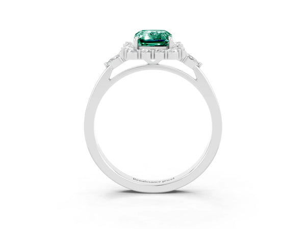 Silver Emerald Cut Green Sapphire Halo Ring with Pear Side Stones and Prong Setting