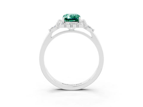 White gold Emerald Cut Green Sapphire Halo Ring with Pear Side Stones and Prong Setting_27